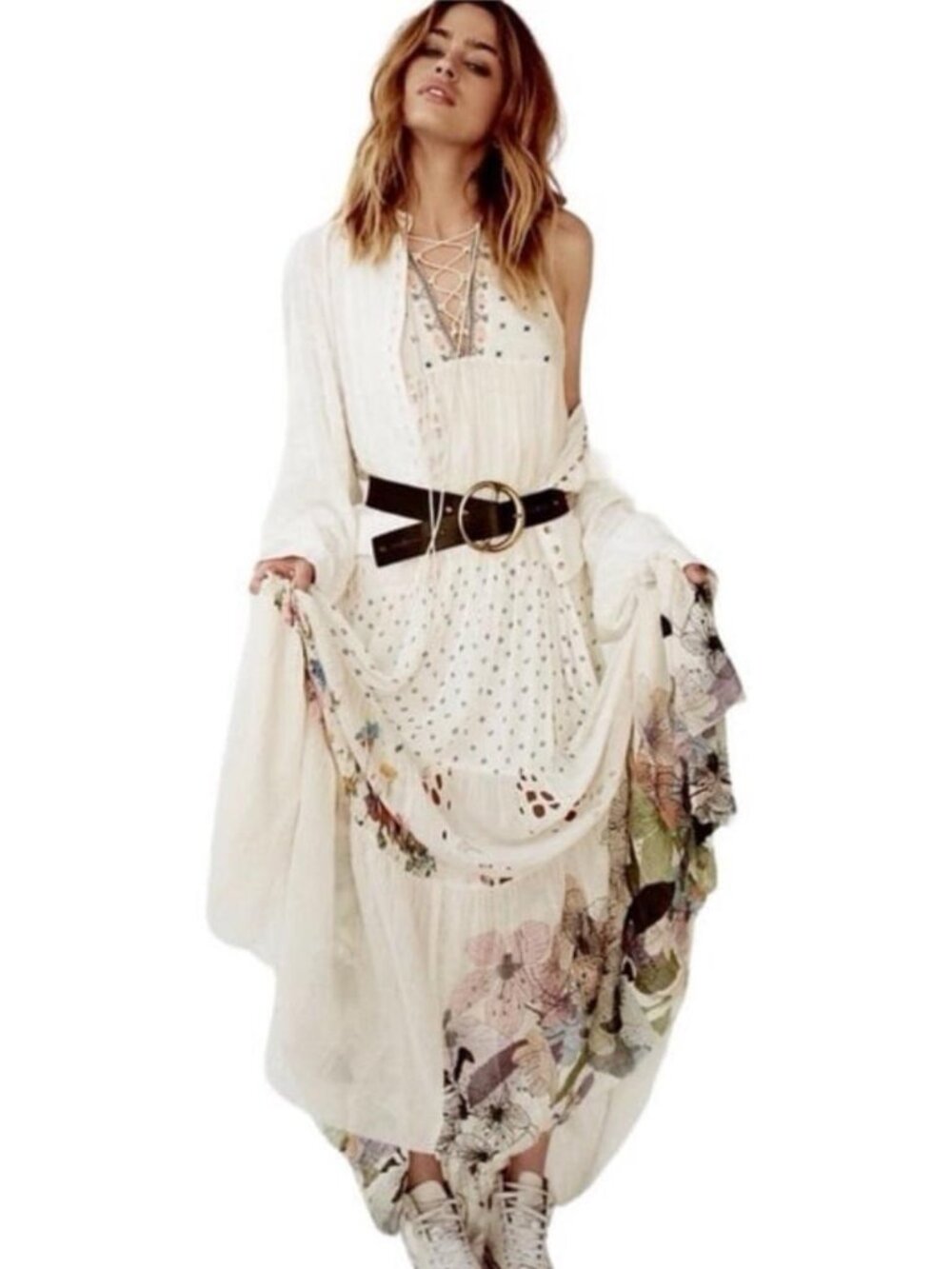Free People FP One Hera Boho Floral Eyelet Maxi Dress Lace Up Ivory Combo Size S